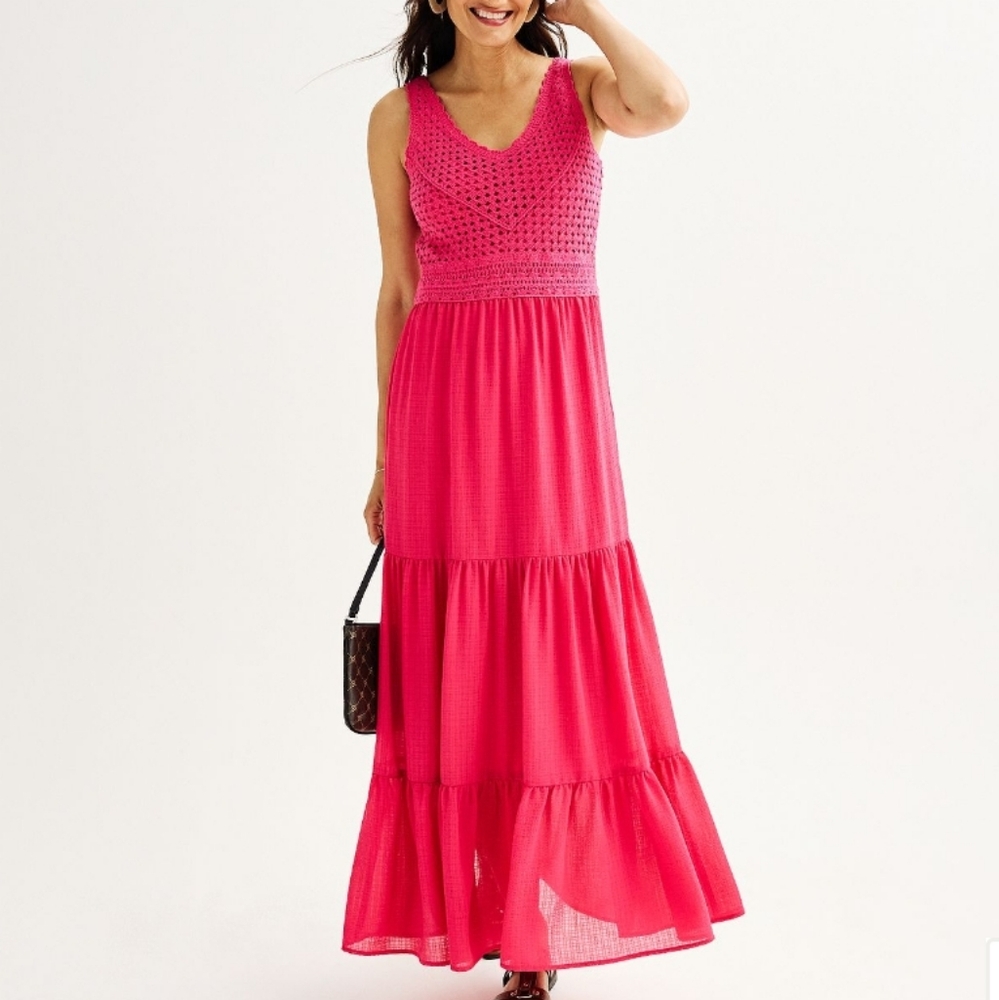 Nine West Crochet Bodice Pink Sleeveless V-Neck Maxi Dress Size Small NWT